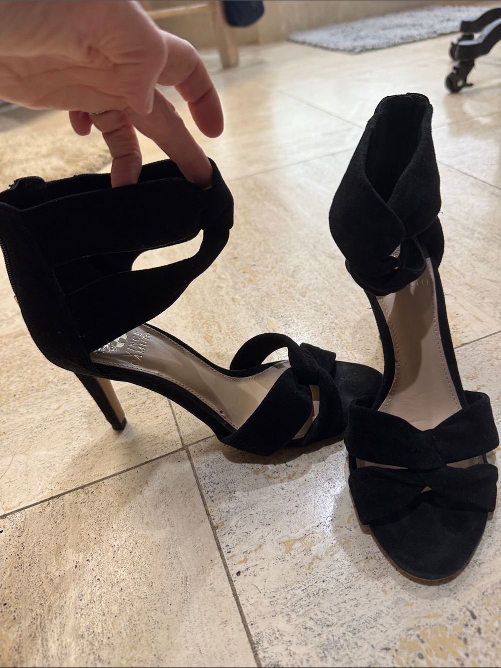 Vince Camuto Black Suede Knotted Ankle-Strap Heels